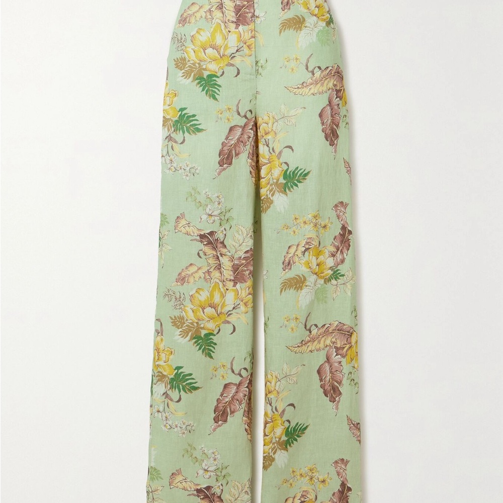 Zimmerman Floral Linen Green Wide-Leg Pants